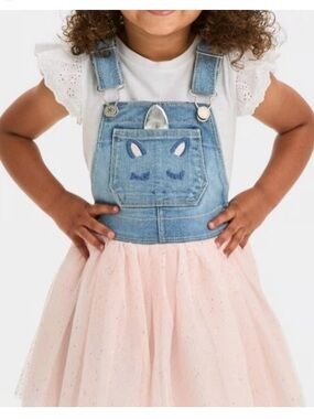OshKosh B'gosh Denim Unicorn Overall Dress with Pink Tulle Skirt Girl’s Size 2T